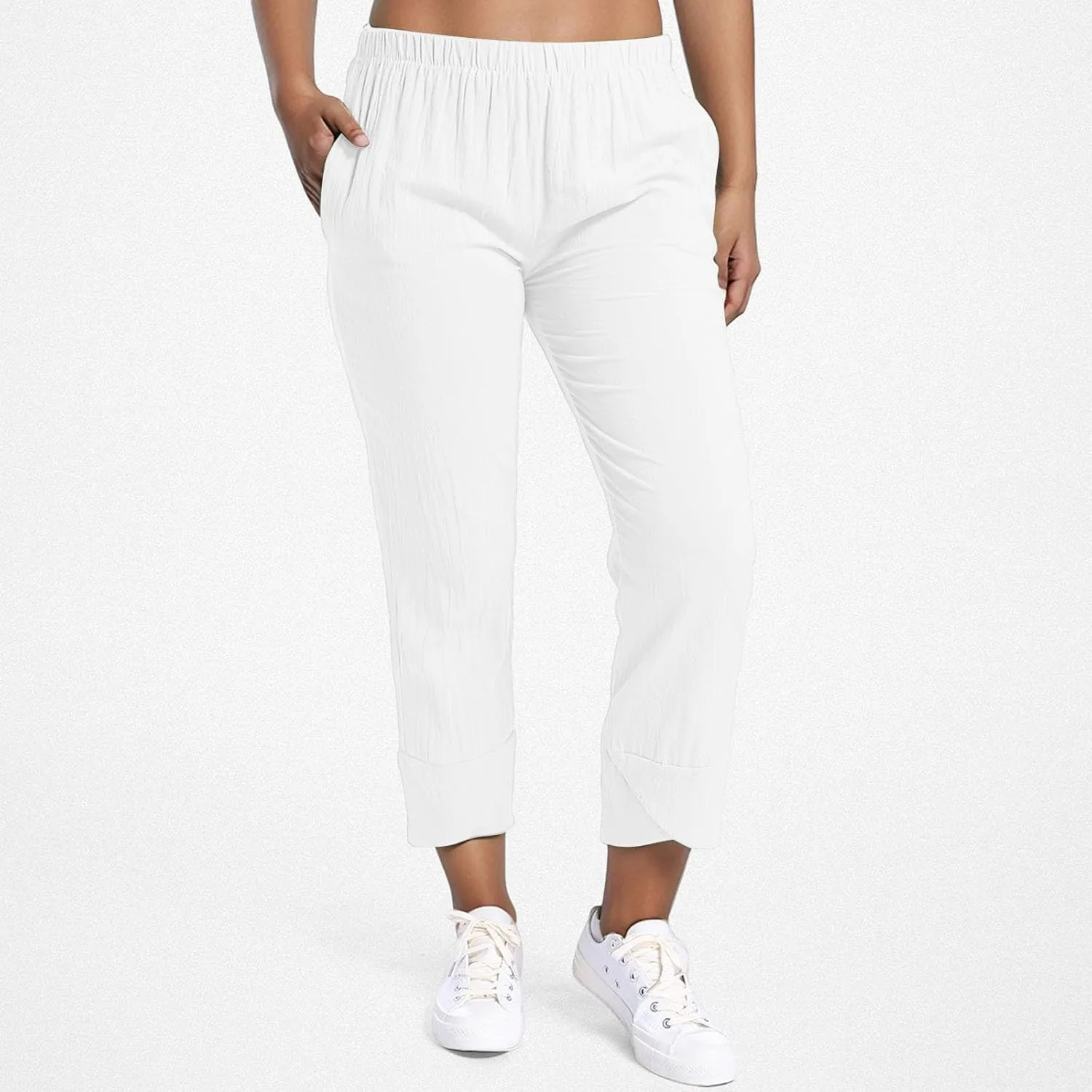 Linen Capri Pants Womens Casual Summer Trendy Elastic Waist Loose Trouser Lounge Athletic Yoga Pants Beach Plus Size