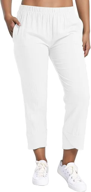 Linen Capri Pants Womens Casual Summer Trendy Elastic Waist Loose Trouser Lounge Athletic Yoga Pants Beach Plus Size