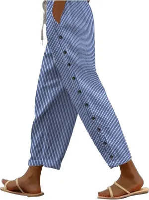 Linen Crop Pants for Women Summer Casual Drawstring Waist Baggy Pants Side Button Down Straight Trousers with Pockets