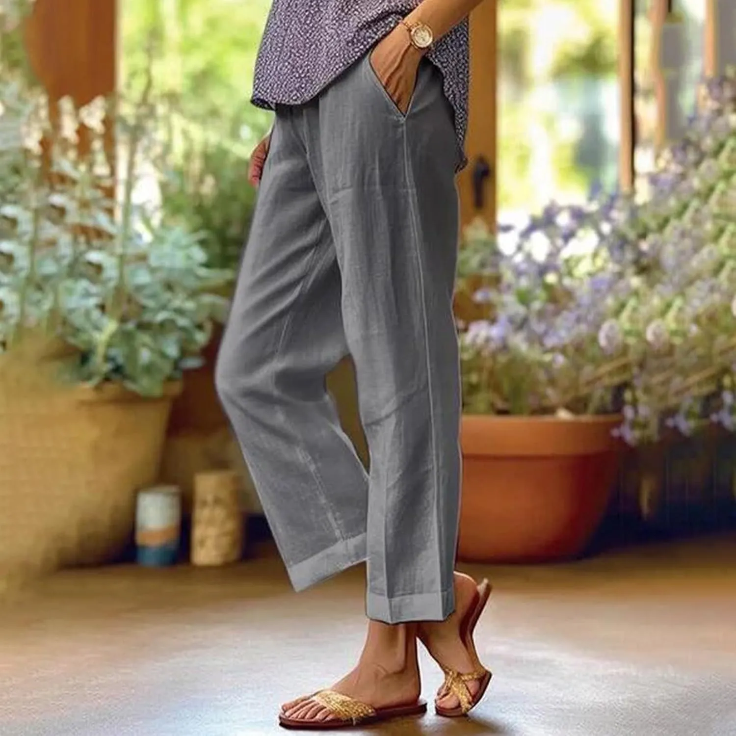 Linen Crop Pants for Women Summer Casual Straight Leg Trousers Loose fit Beach Vacation Capris Pants w Pocket
