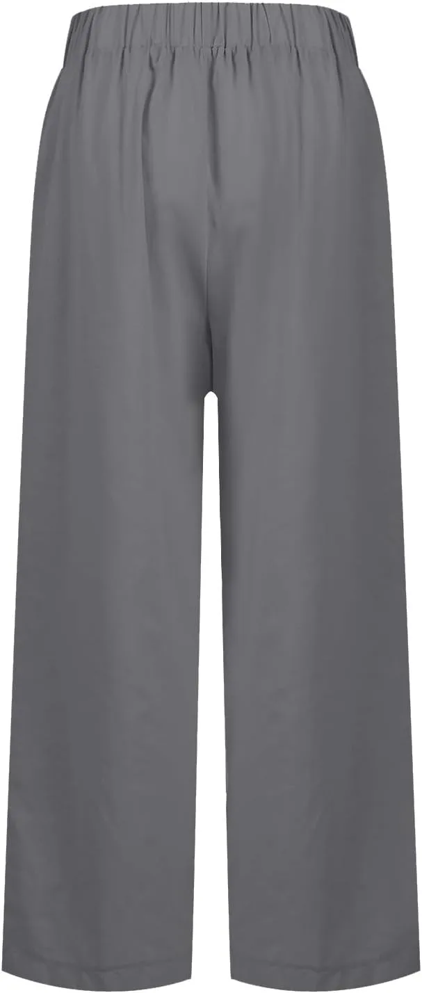 Linen Crop Pants for Women Summer Casual Straight Leg Trousers Loose fit Beach Vacation Capris Pants w Pocket