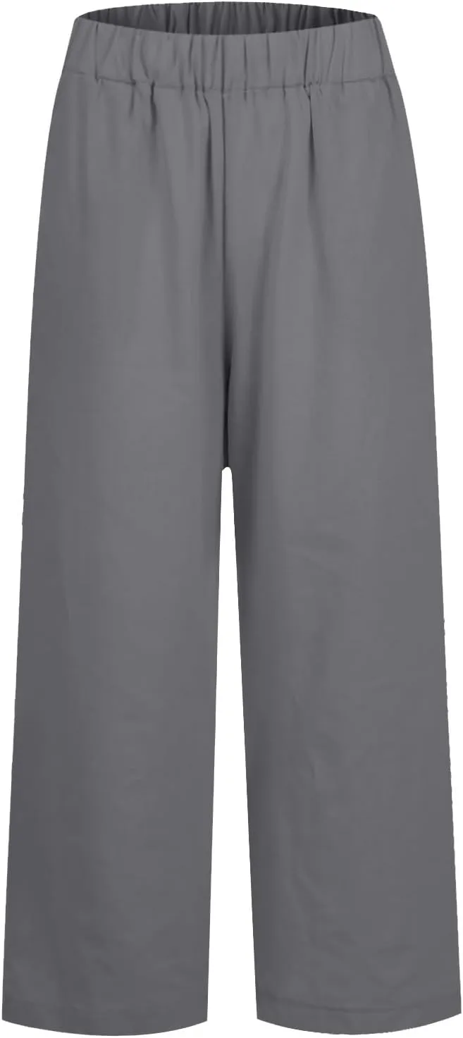 Linen Crop Pants for Women Summer Casual Straight Leg Trousers Loose fit Beach Vacation Capris Pants w Pocket