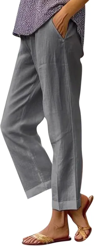 Linen Crop Pants for Women Summer Casual Straight Leg Trousers Loose fit Beach Vacation Capris Pants w Pocket