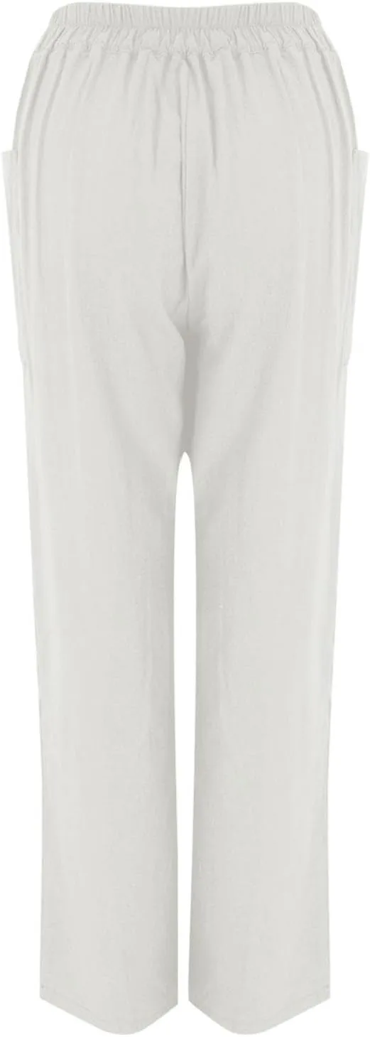 Linen Elastic Waist Pants Women Spring Elastic Trousers Womens Work Wide Leg Lounge Pant Cotton