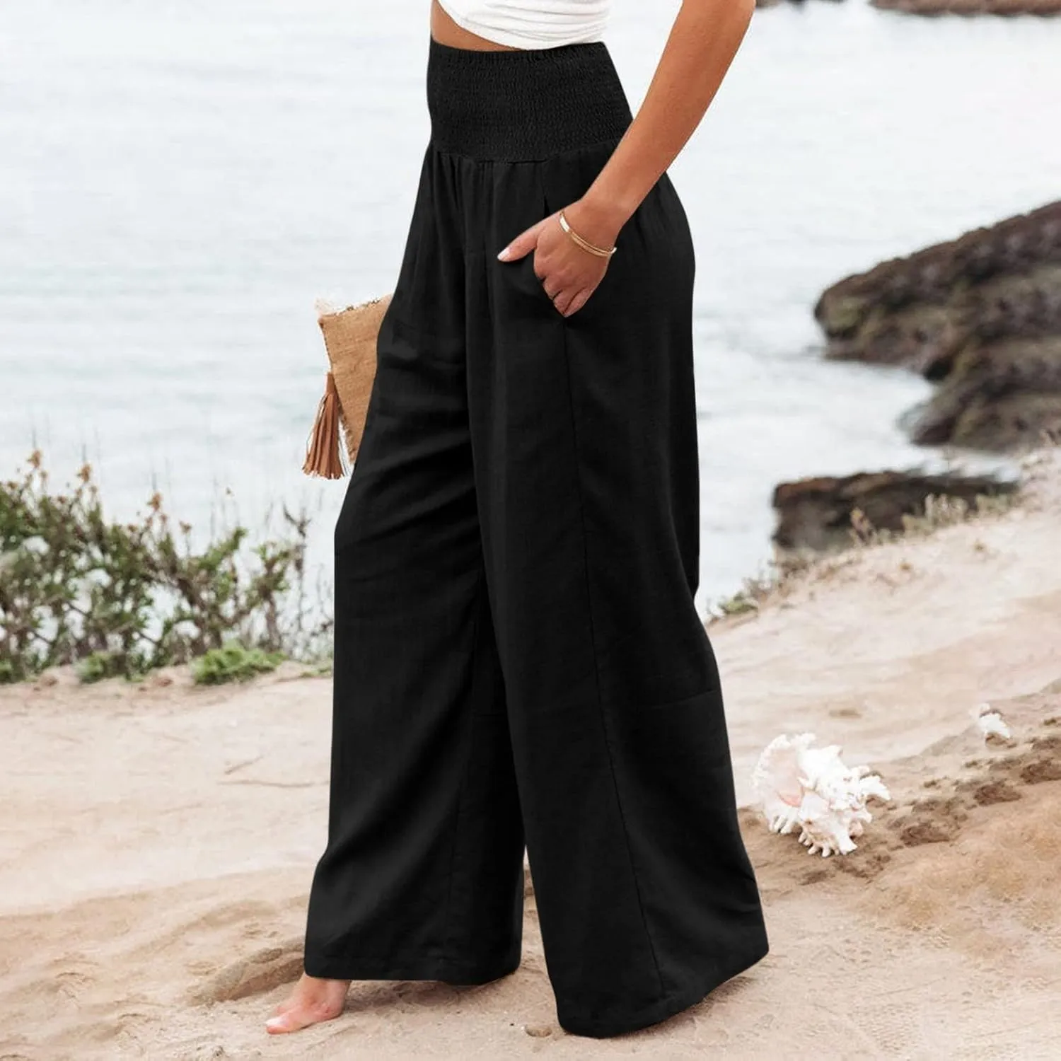 Linen Palazzo Pants for Women 2025 Summer Casual Loose Wide Leg Lounge Pant Beach Travel Vacation Outfits