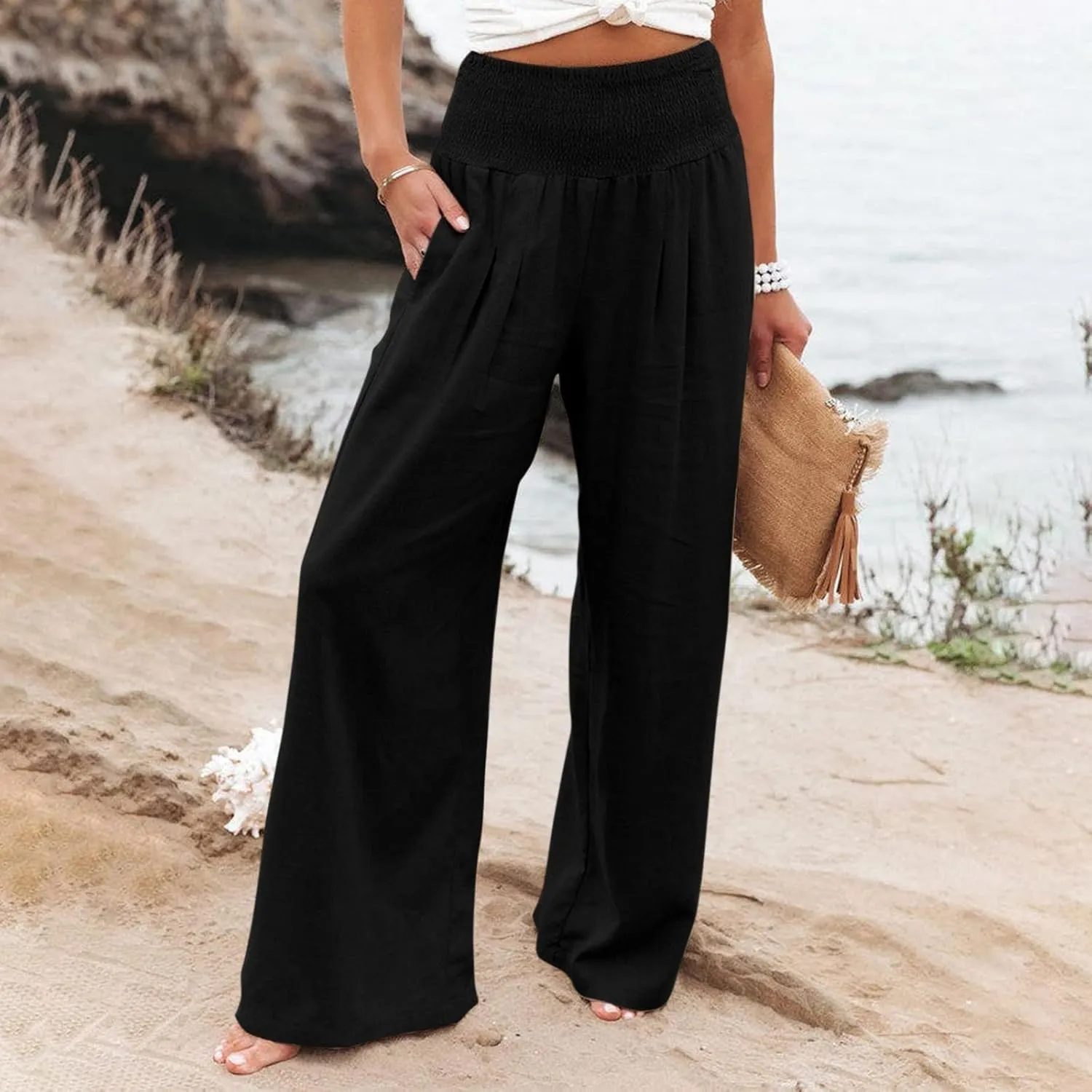 Linen Palazzo Pants for Women 2025 Summer Casual Loose Wide Leg Lounge Pant Beach Travel Vacation Outfits