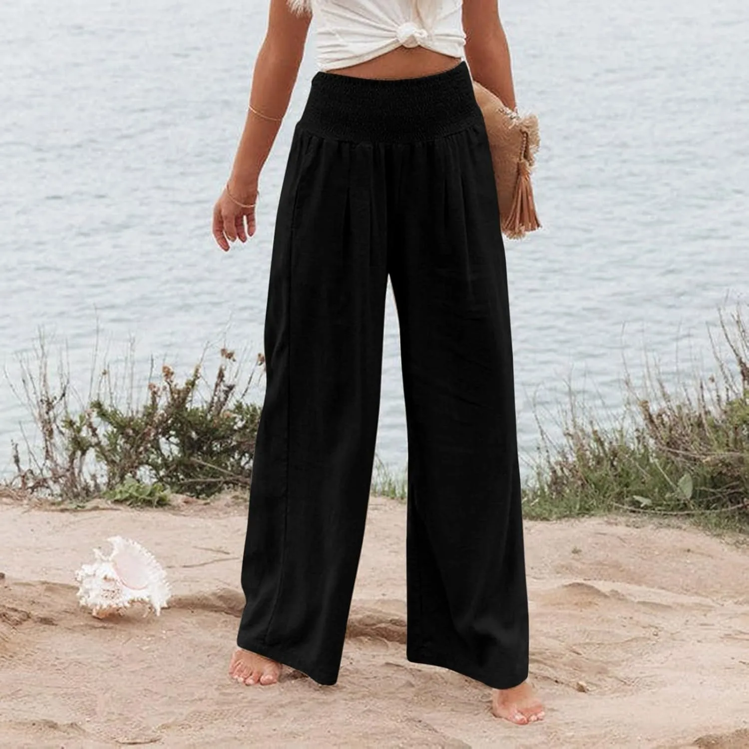 Linen Palazzo Pants for Women 2025 Summer Casual Loose Wide Leg Lounge Pant Beach Travel Vacation Outfits