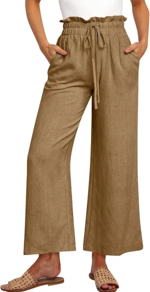 Linen Palazzo Pants for Women Drawstring Paperbag Waist Boho Wide Leg Cropped Pants Summer Beach Pants with Pockets