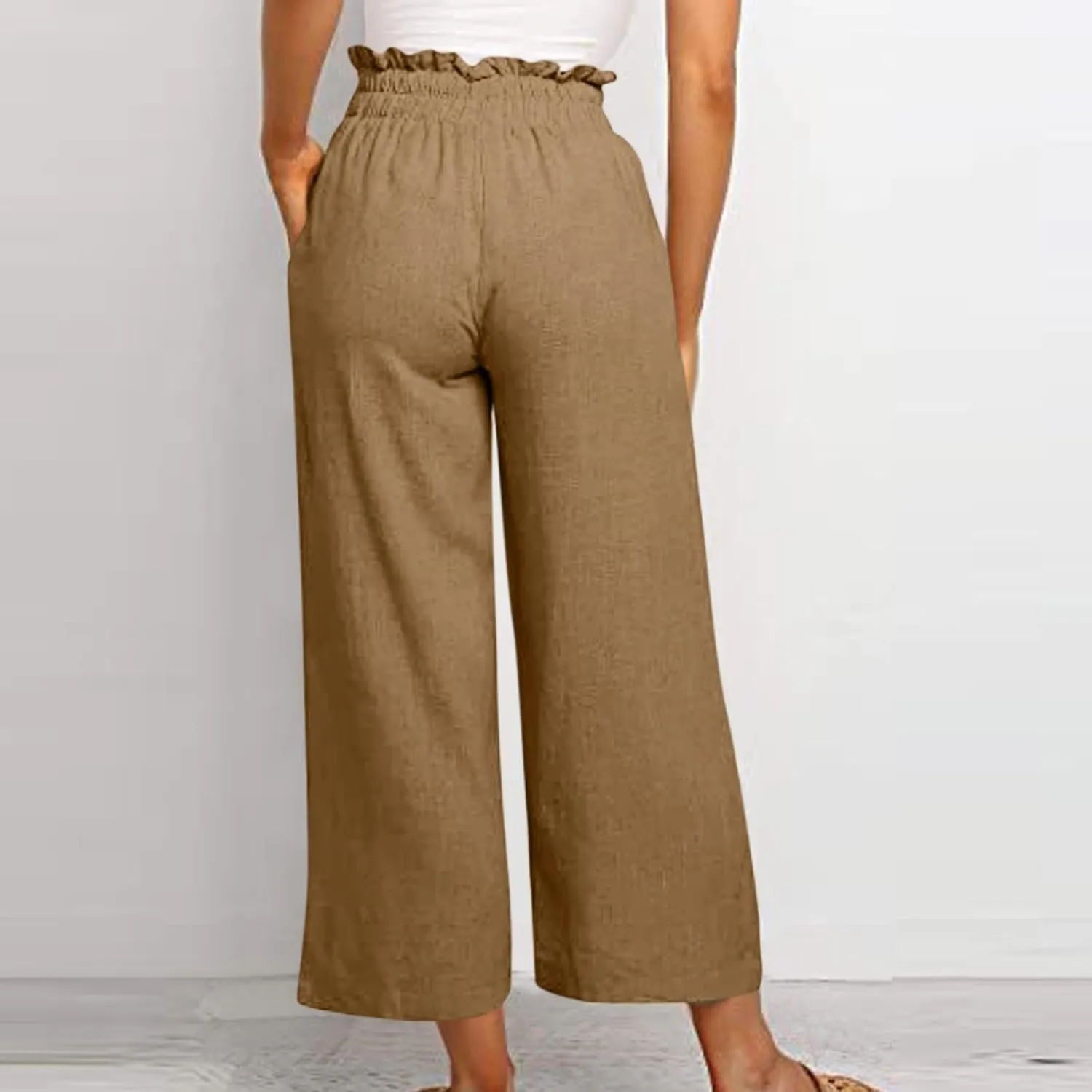Linen Palazzo Pants for Women Drawstring Paperbag Waist Boho Wide Leg Cropped Pants Summer Beach Pants with Pockets