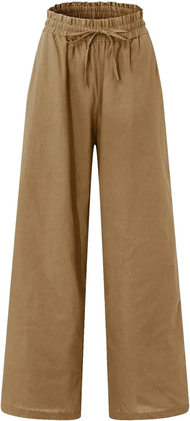Linen Palazzo Pants for Women Drawstring Paperbag Waist Boho Wide Leg Cropped Pants Summer Beach Pants with Pockets