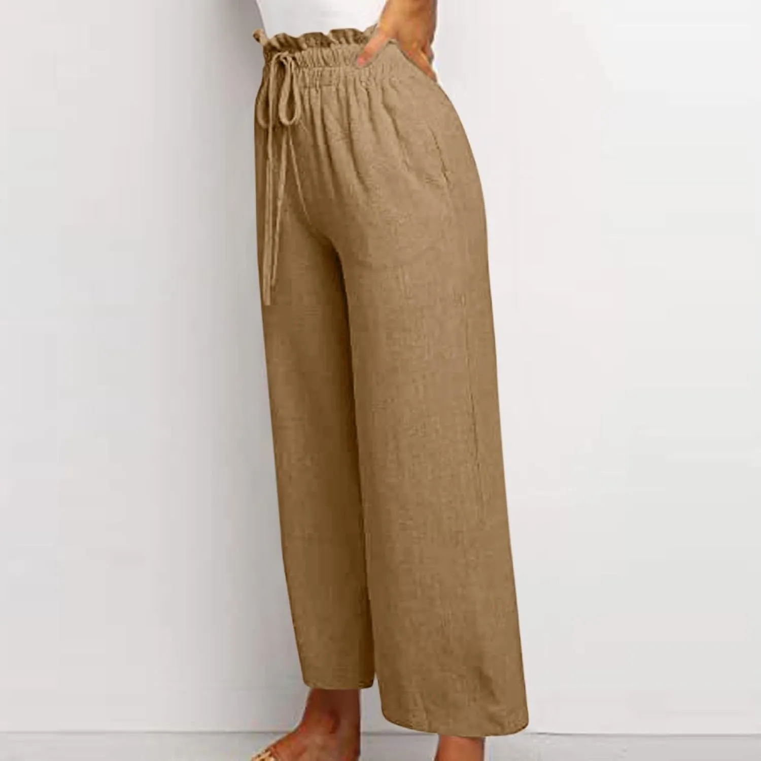 Linen Palazzo Pants for Women Drawstring Paperbag Waist Boho Wide Leg Cropped Pants Summer Beach Pants with Pockets