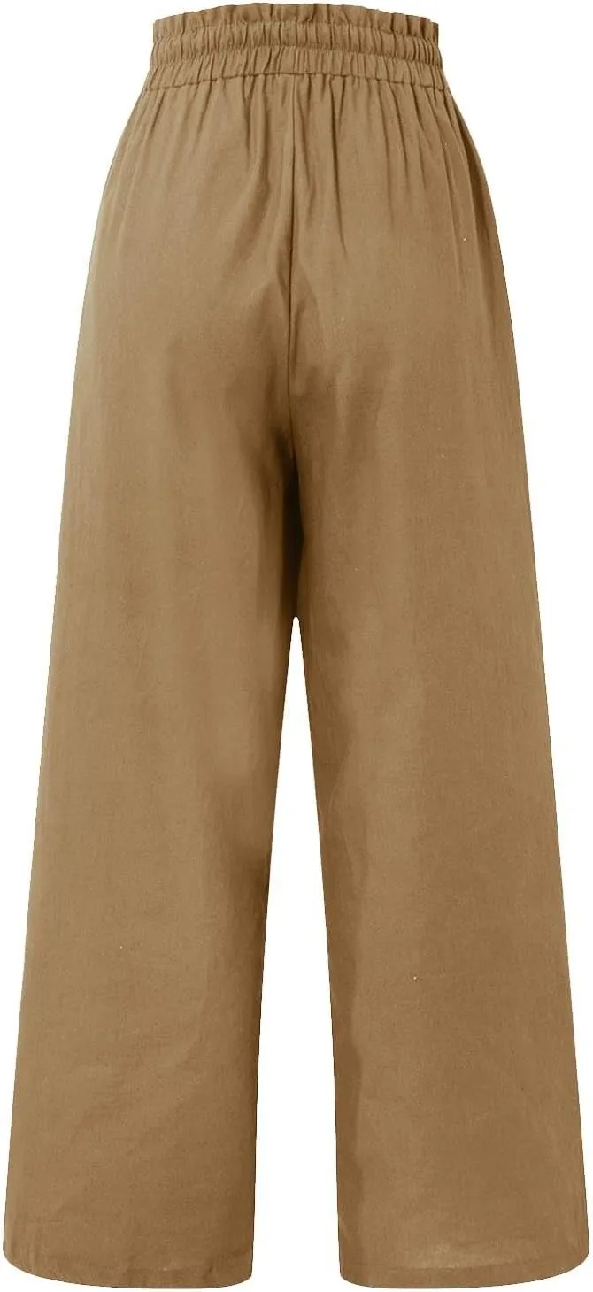 Linen Palazzo Pants for Women Drawstring Paperbag Waist Boho Wide Leg Cropped Pants Summer Beach Pants with Pockets