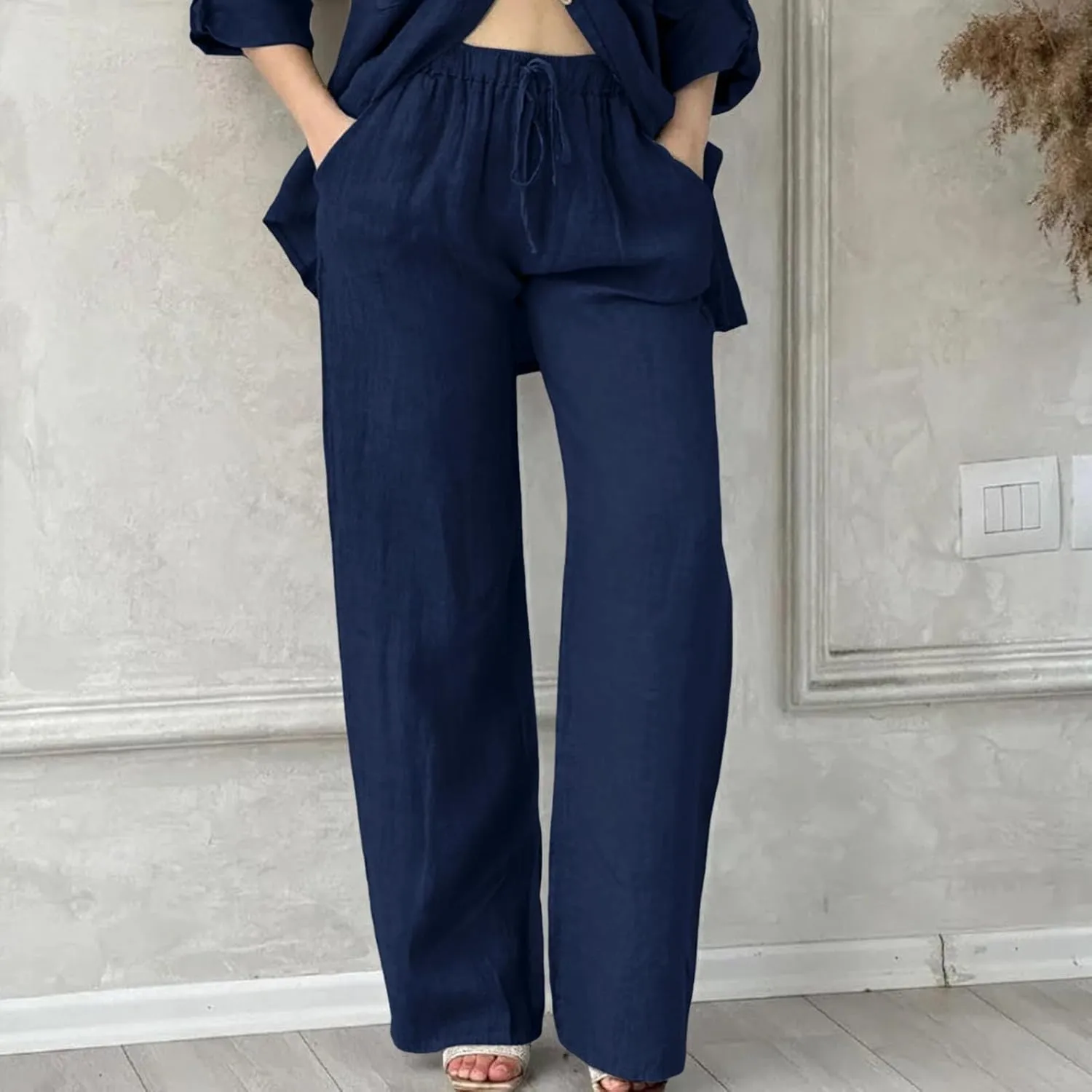 Linen Pants for Women 2025 Summmer Straight Leg Lounge Beach Pant High Waisted Elastic Drawstring with Pockets
