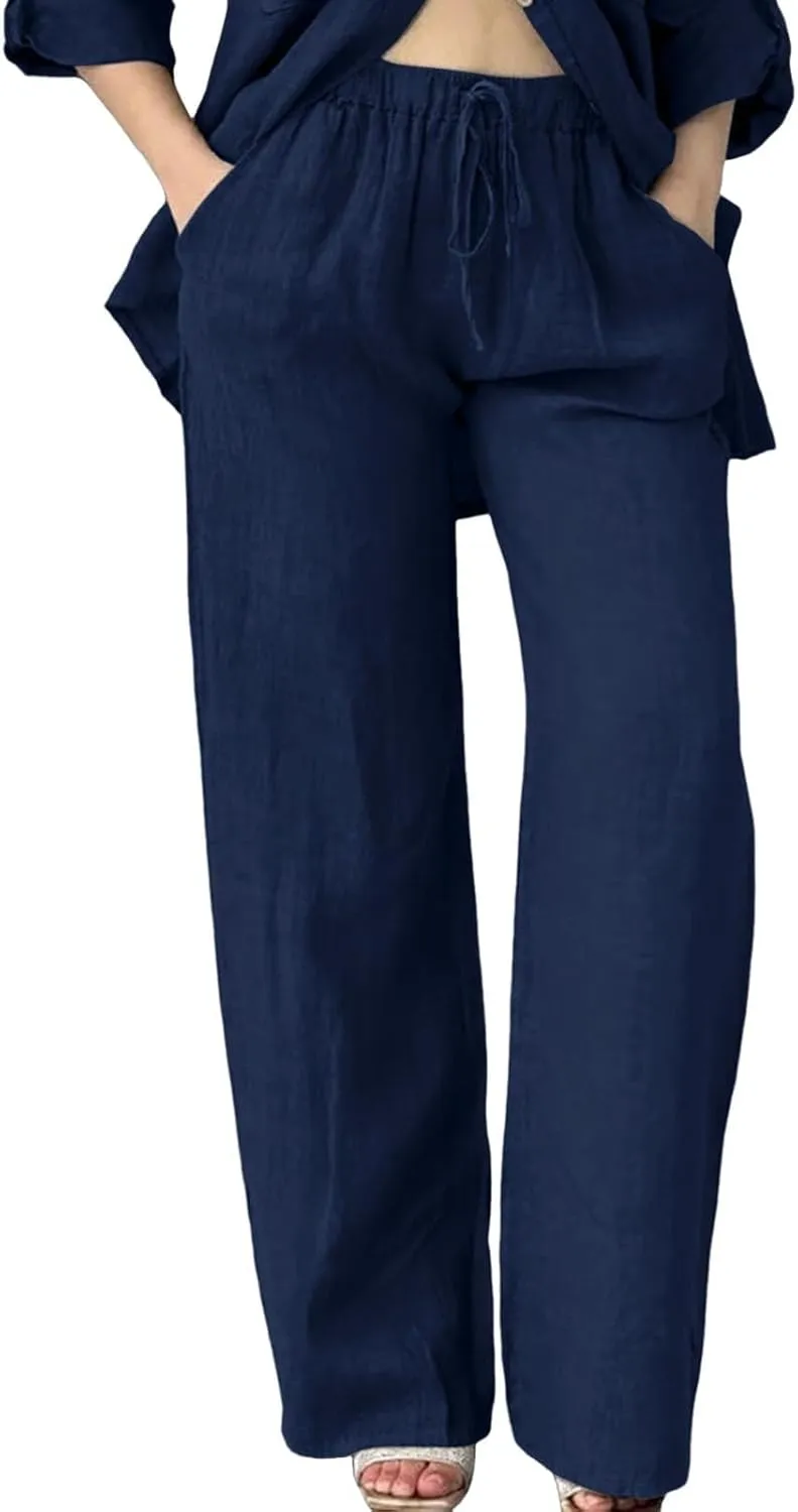 Linen Pants for Women 2025 Summmer Straight Leg Lounge Beach Pant High Waisted Elastic Drawstring with Pockets