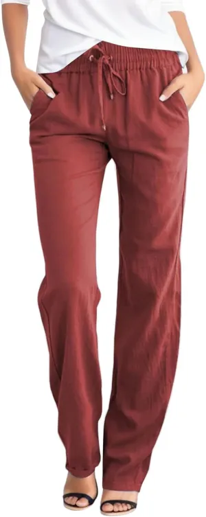 Linen Pants for Women Lounge 2025 Summer Baggy Casual Trousers Straight Leg Lightweight Drawstring Pant with Pockets