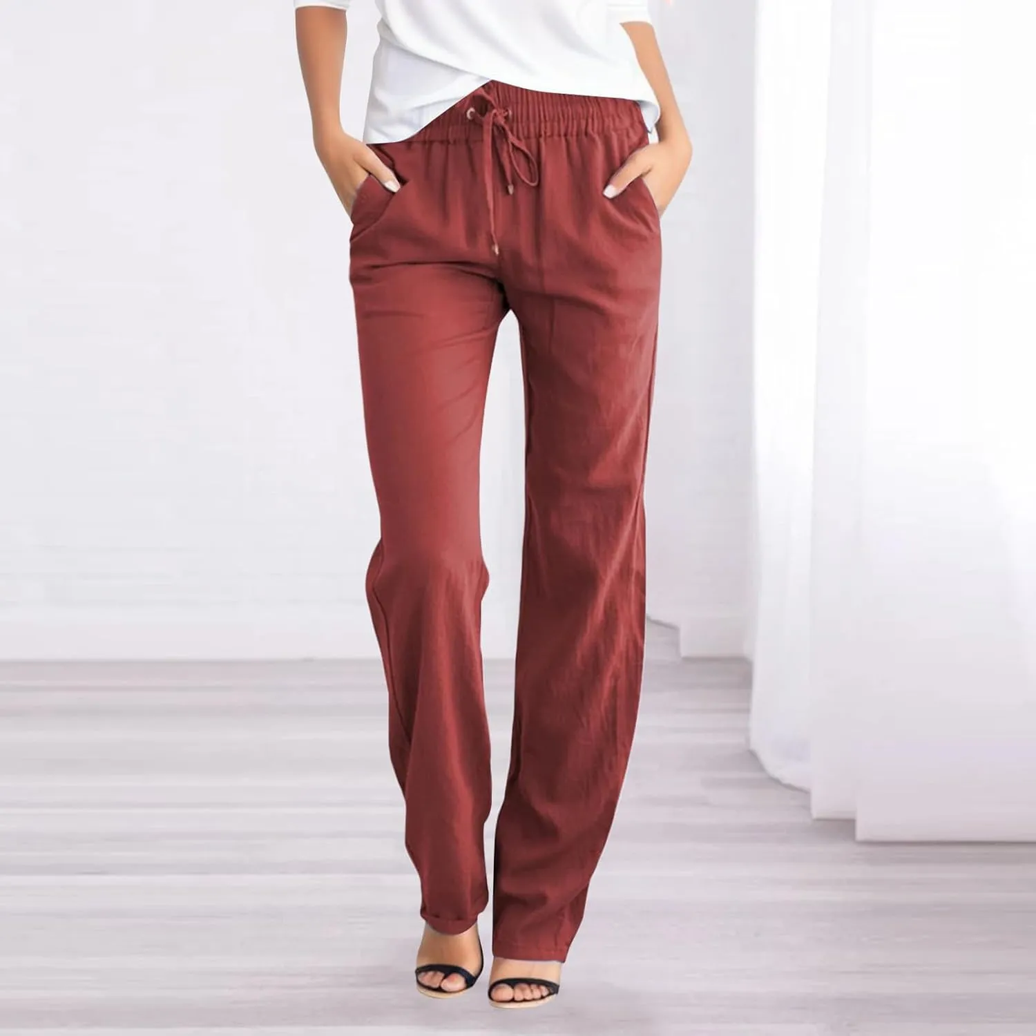 Linen Pants for Women Lounge 2025 Summer Baggy Casual Trousers Straight Leg Lightweight Drawstring Pant with Pockets