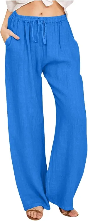 Linen Pants for Women Wide Leg Flowy Pants Casual Loose High Waist Trousers with Pockets Summer