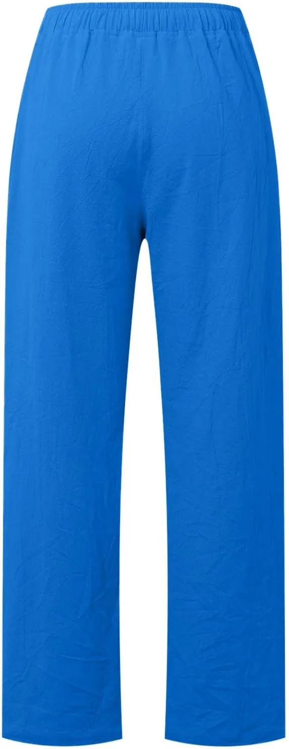 Linen Pants for Women Wide Leg Flowy Pants Casual Loose High Waist Trousers with Pockets Summer