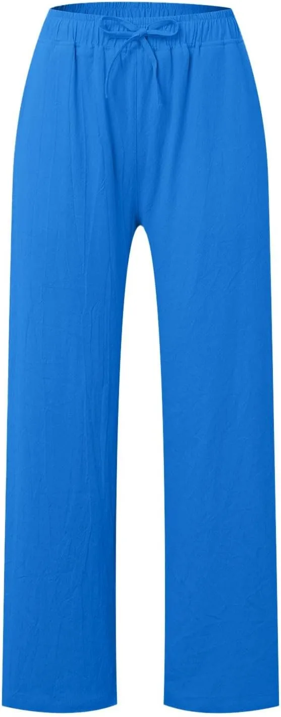Linen Pants for Women Wide Leg Flowy Pants Casual Loose High Waist Trousers with Pockets Summer
