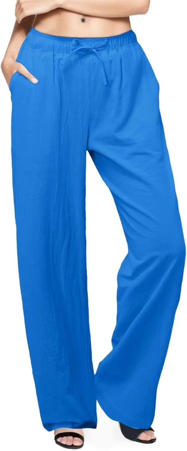 Linen Pants for Women Wide Leg Flowy Pants Casual Loose High Waist Trousers with Pockets Summer
