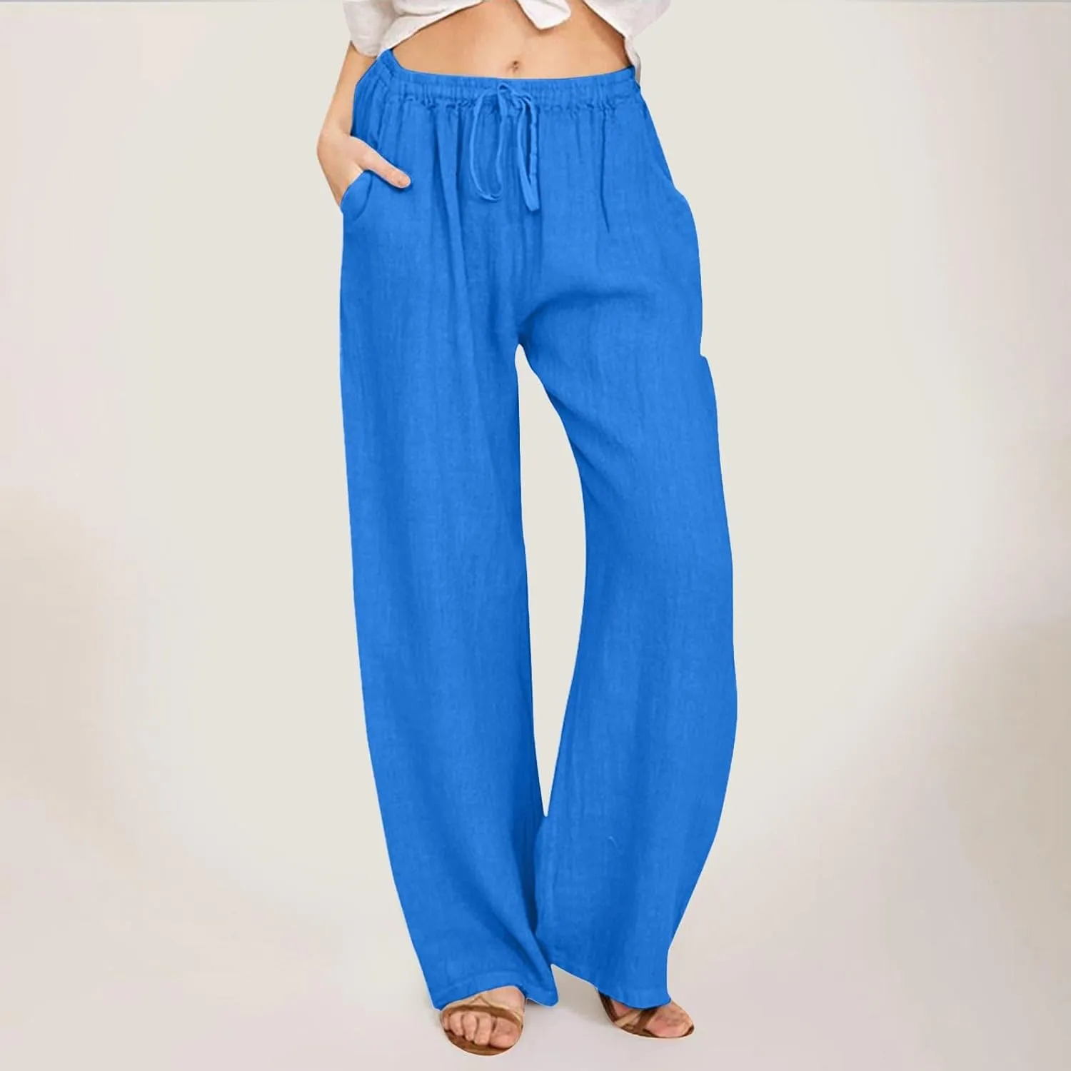 Linen Pants for Women Wide Leg Flowy Pants Casual Loose High Waist Trousers with Pockets Summer