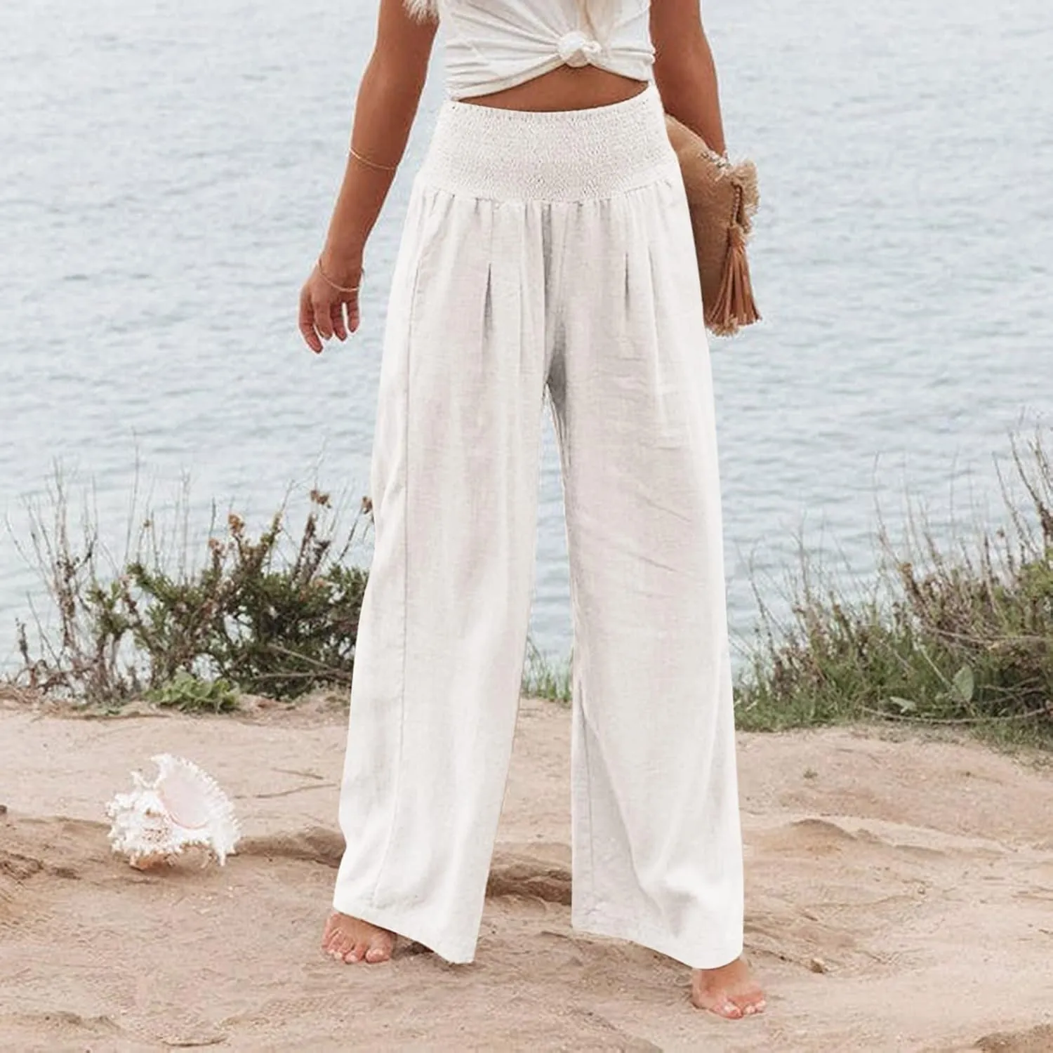Linen Pants for Women Wide Leg High Waisted Palazzo 2024 Summer Beach Boho Smocked Trousers Lounge with Pockets