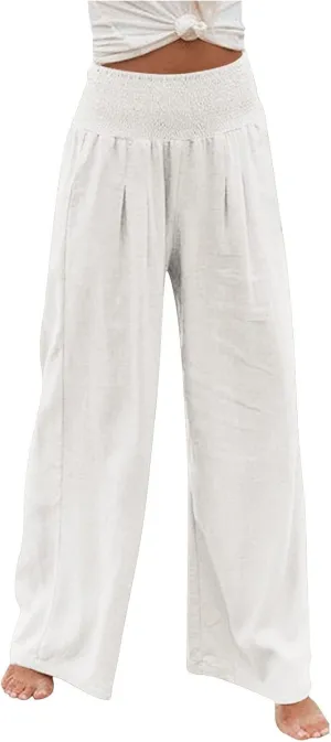 Linen Pants for Women Wide Leg High Waisted Palazzo 2024 Summer Beach Boho Smocked Trousers Lounge with Pockets