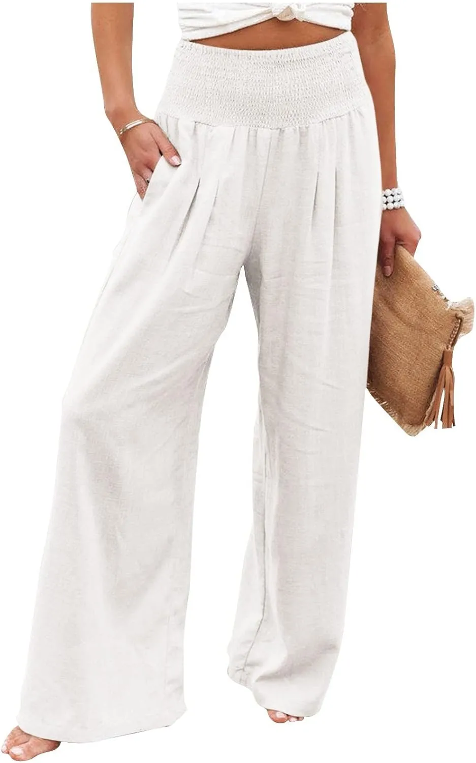 Linen Pants for Women Wide Leg High Waisted Palazzo 2024 Summer Beach Boho Smocked Trousers Lounge with Pockets