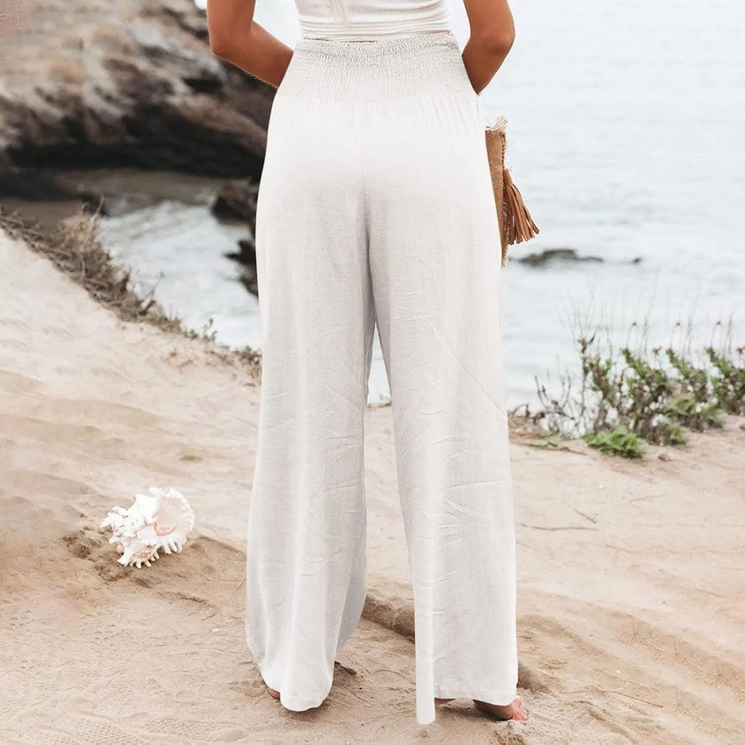 Linen Pants for Women Wide Leg High Waisted Palazzo 2024 Summer Beach Boho Smocked Trousers Lounge with Pockets
