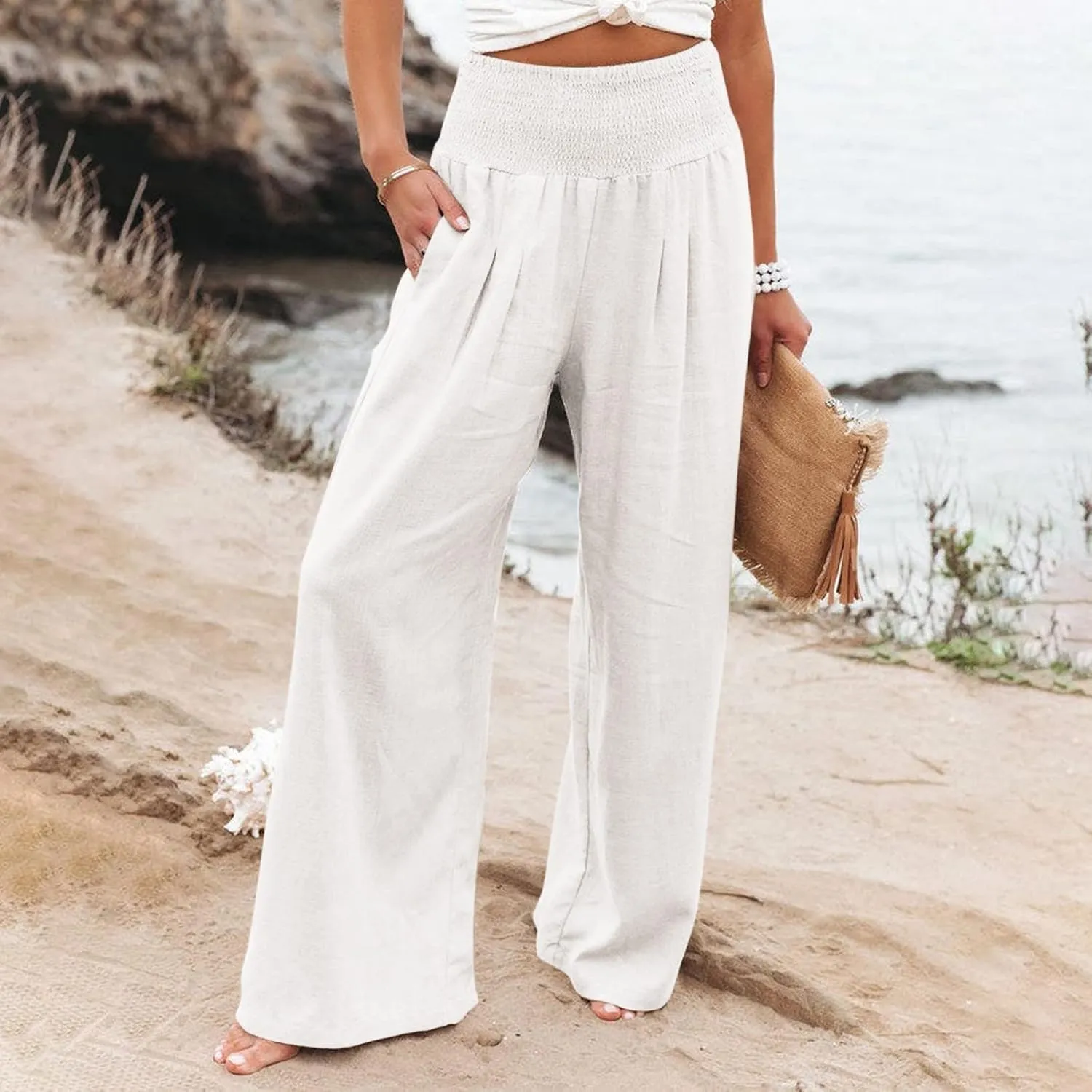 Linen Pants for Women Wide Leg High Waisted Palazzo 2024 Summer Beach Boho Smocked Trousers Lounge with Pockets