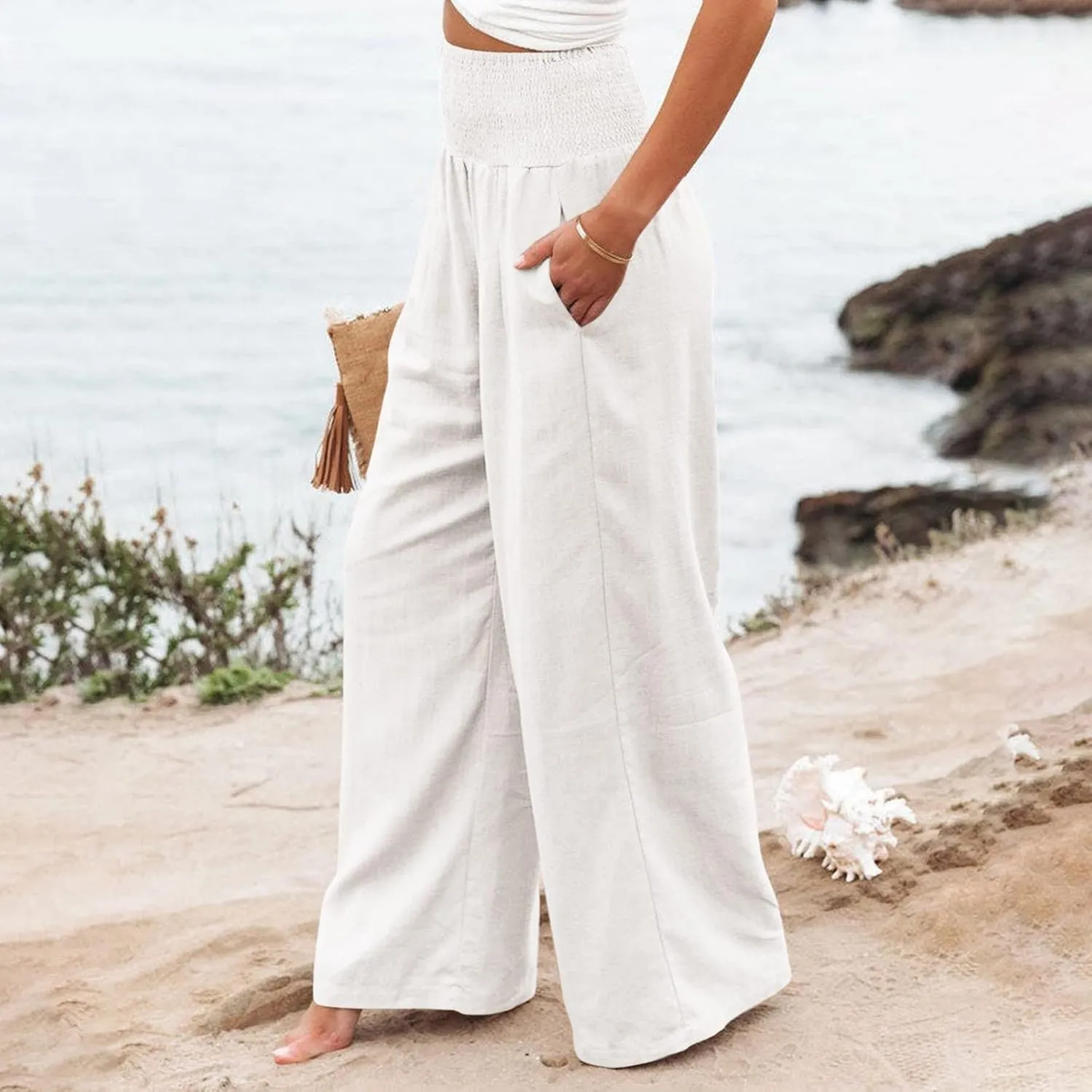 Linen Pants for Women Wide Leg High Waisted Palazzo 2024 Summer Beach Boho Smocked Trousers Lounge with Pockets
