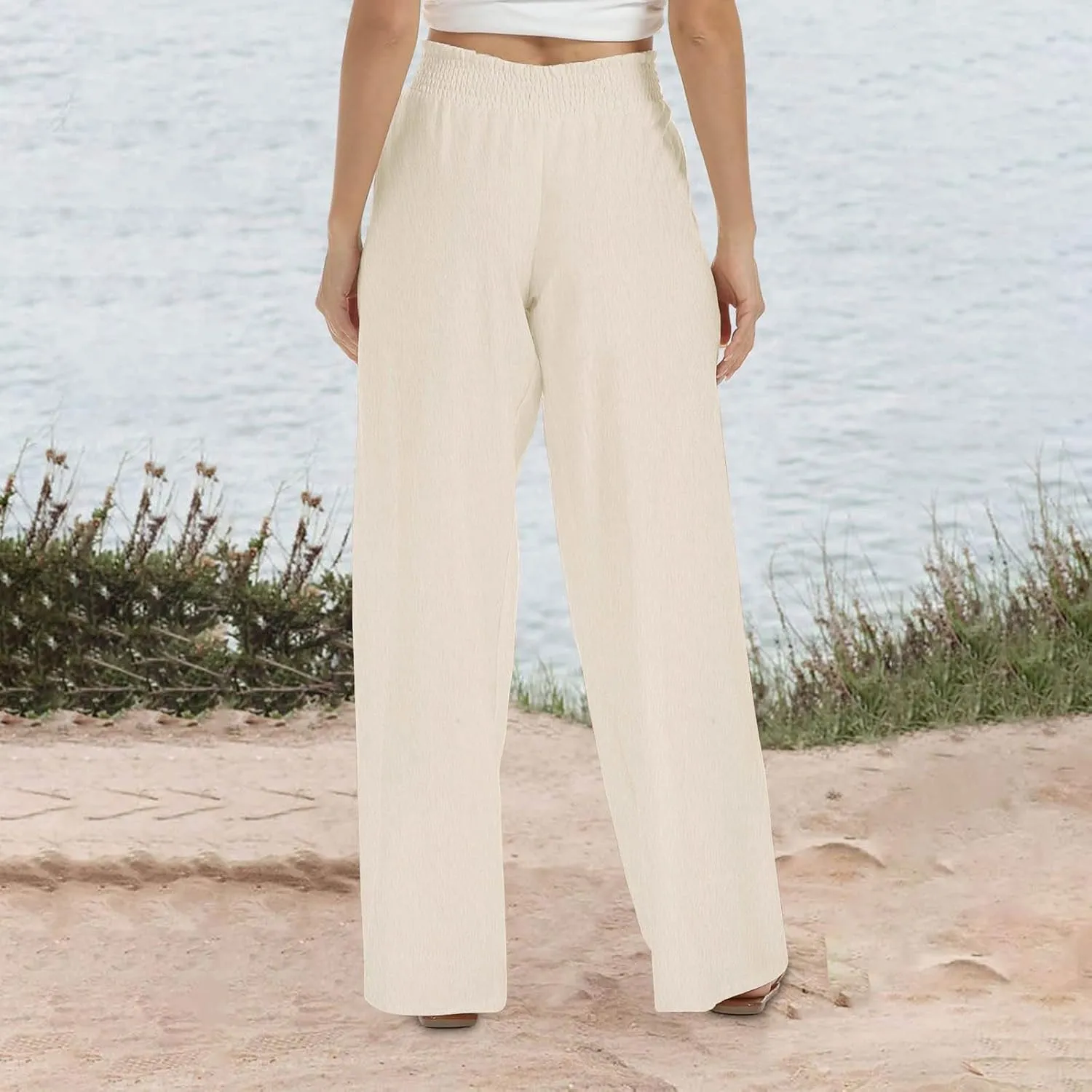 Linen Pants for Women's Smocked High Waist Palazzo Pants Summer Flowy Long Pants Wide Leg Beach Trousers with Pockets