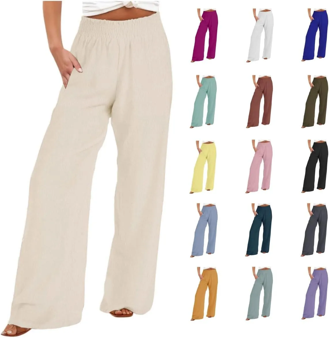 Linen Pants for Women's Smocked High Waist Palazzo Pants Summer Flowy Long Pants Wide Leg Beach Trousers with Pockets