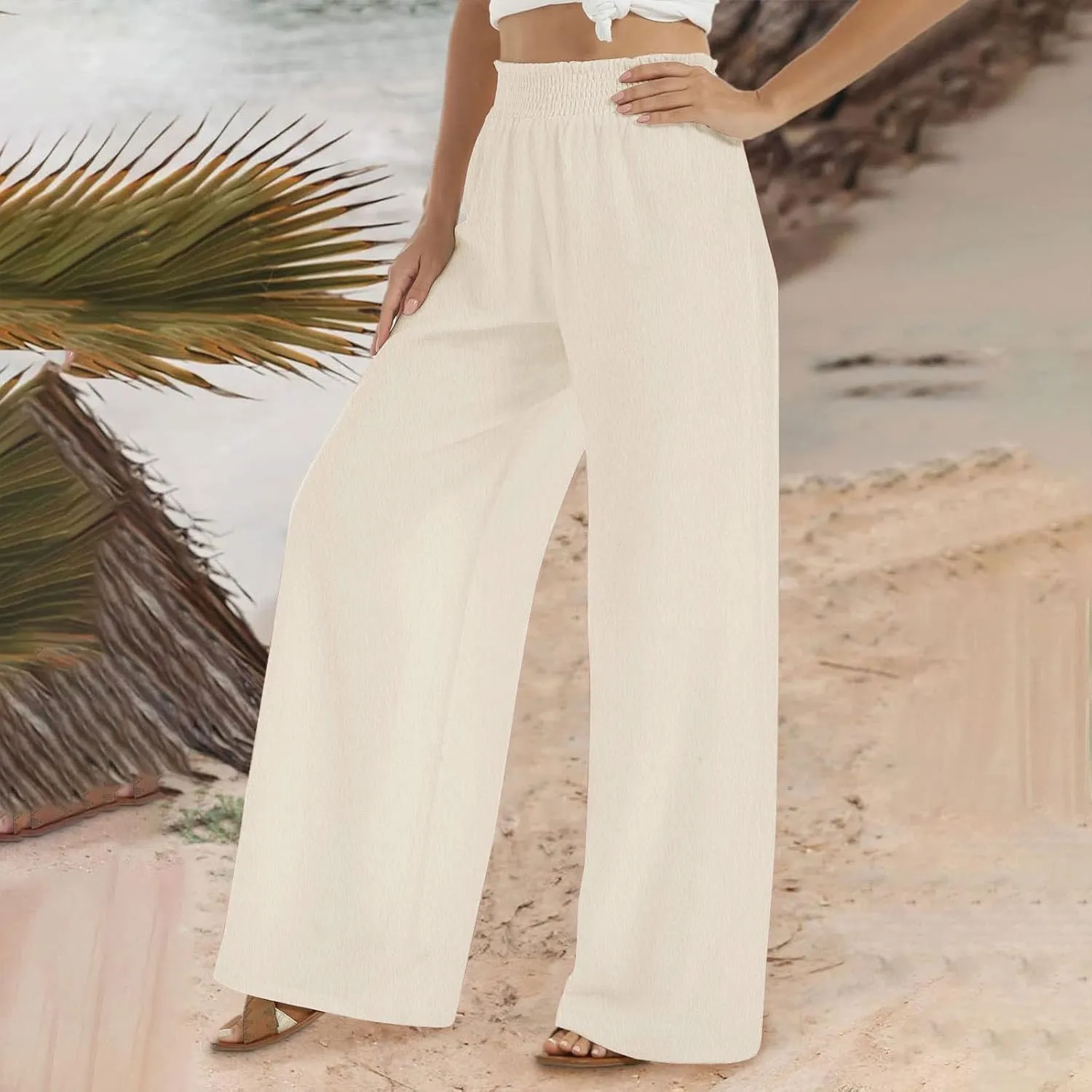 Linen Pants for Women's Smocked High Waist Palazzo Pants Summer Flowy Long Pants Wide Leg Beach Trousers with Pockets