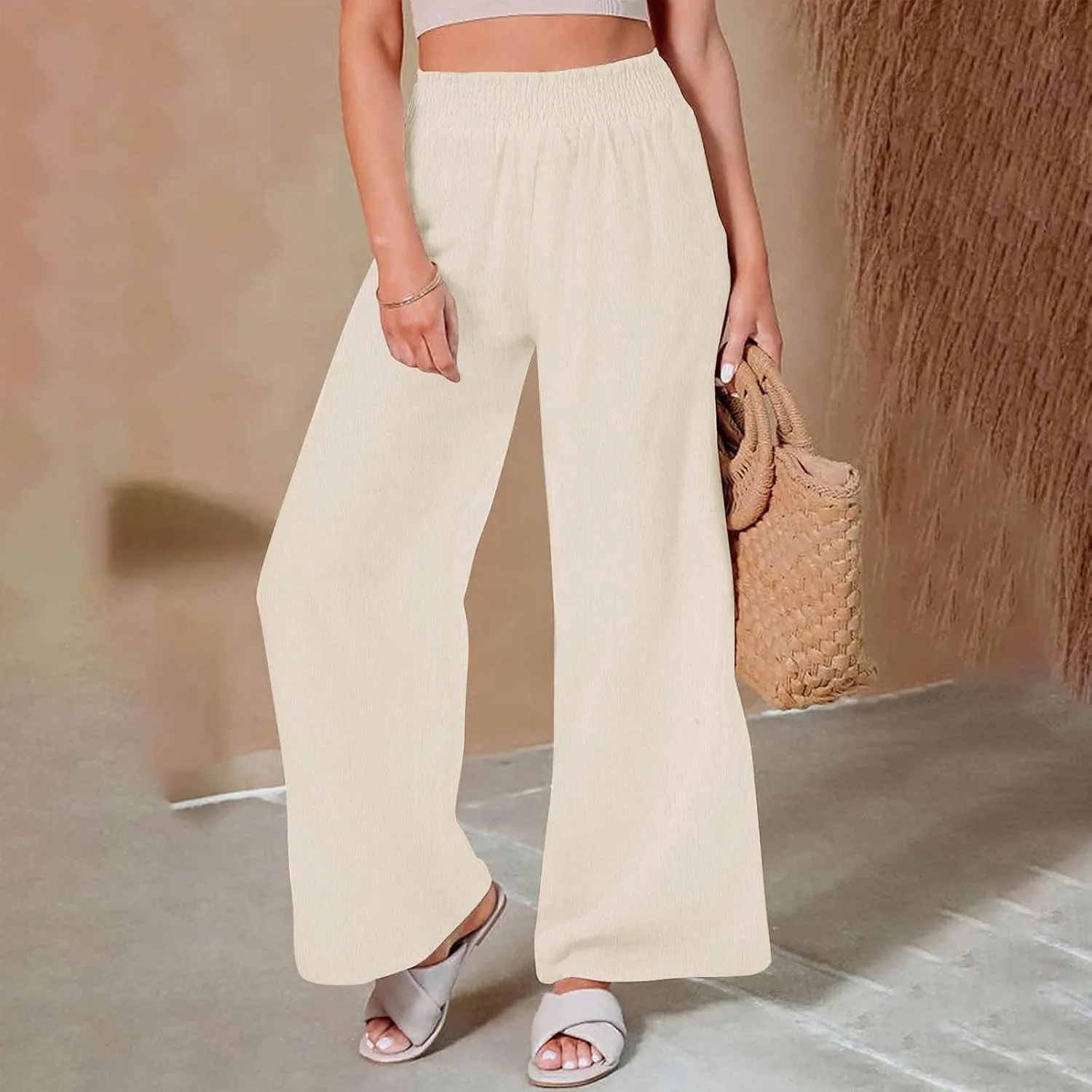 Linen Pants for Women's Smocked High Waist Palazzo Pants Summer Flowy Long Pants Wide Leg Beach Trousers with Pockets