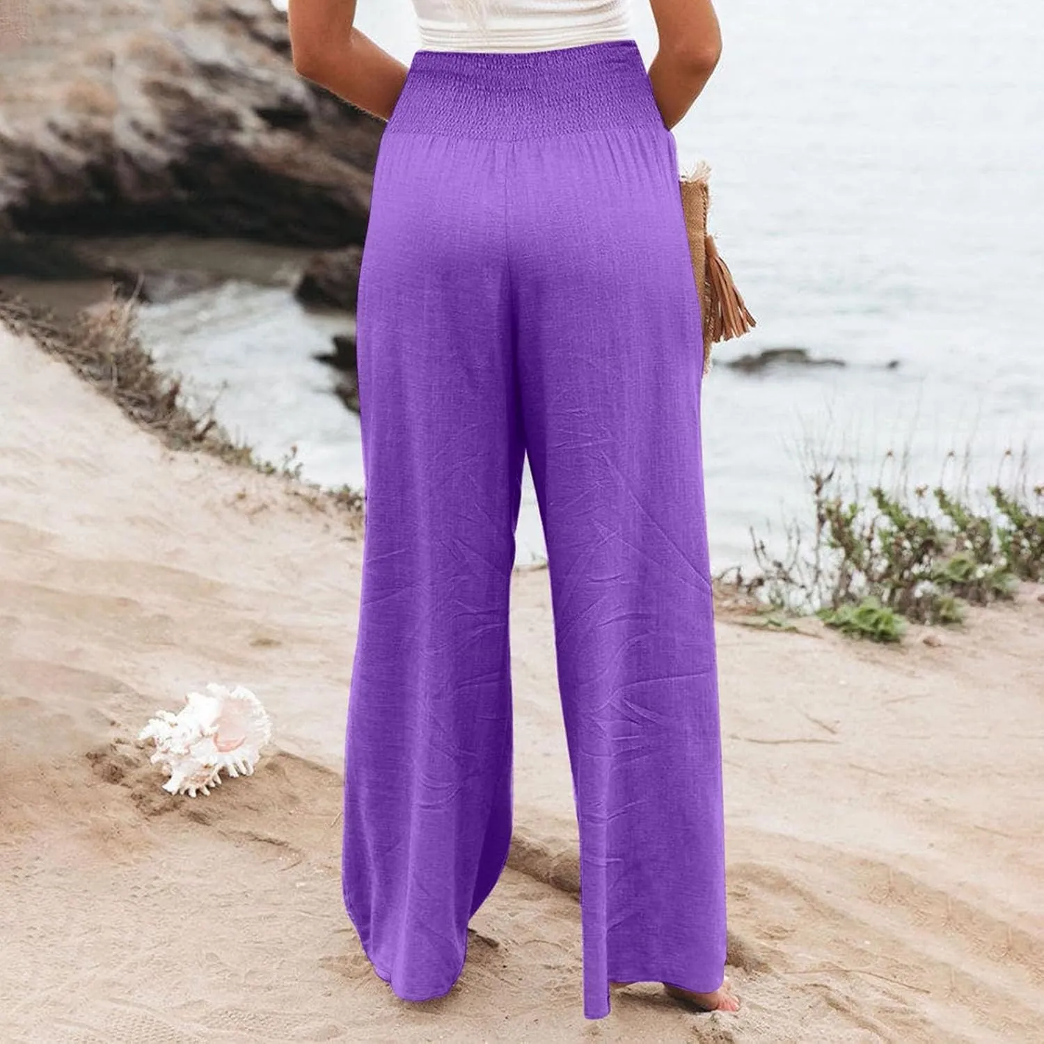Linen Pants Women Baggy Wide Leg Flowy Beach Pants Elastic High Waisted Smocked Tummy Control Vacation Pants with Pockets