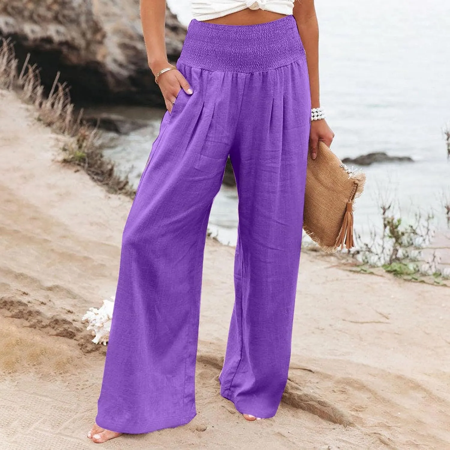 Linen Pants Women Baggy Wide Leg Flowy Beach Pants Elastic High Waisted Smocked Tummy Control Vacation Pants with Pockets