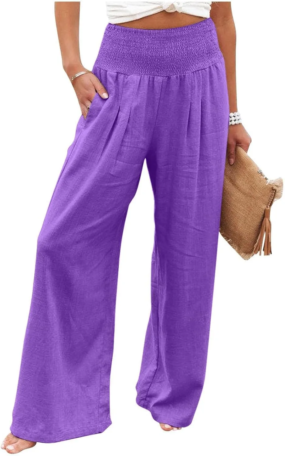 Linen Pants Women Baggy Wide Leg Flowy Beach Pants Elastic High Waisted Smocked Tummy Control Vacation Pants with Pockets