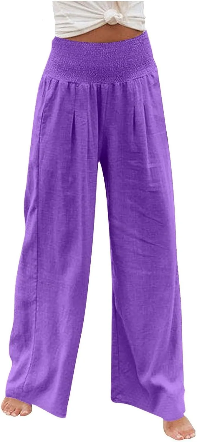 Linen Pants Women Baggy Wide Leg Flowy Beach Pants Elastic High Waisted Smocked Tummy Control Vacation Pants with Pockets