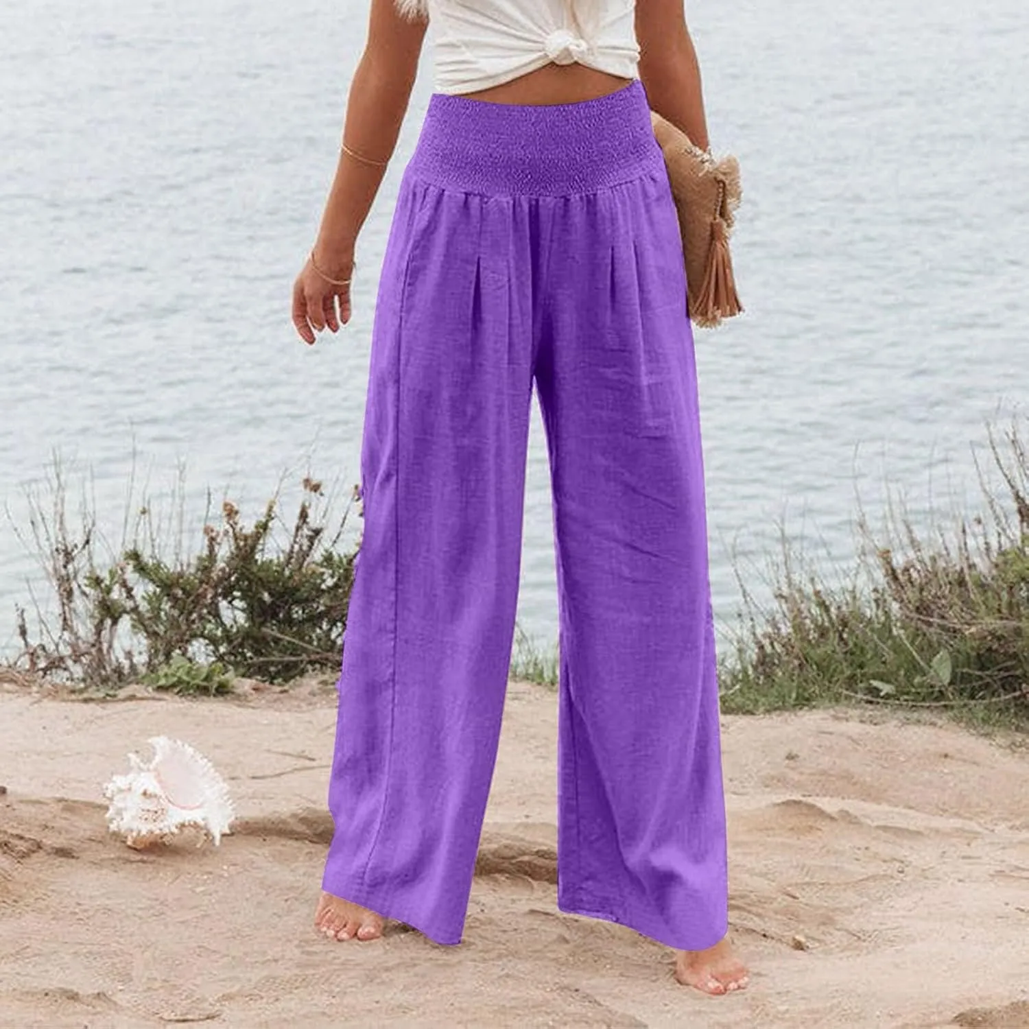 Linen Pants Women Baggy Wide Leg Flowy Beach Pants Elastic High Waisted Smocked Tummy Control Vacation Pants with Pockets