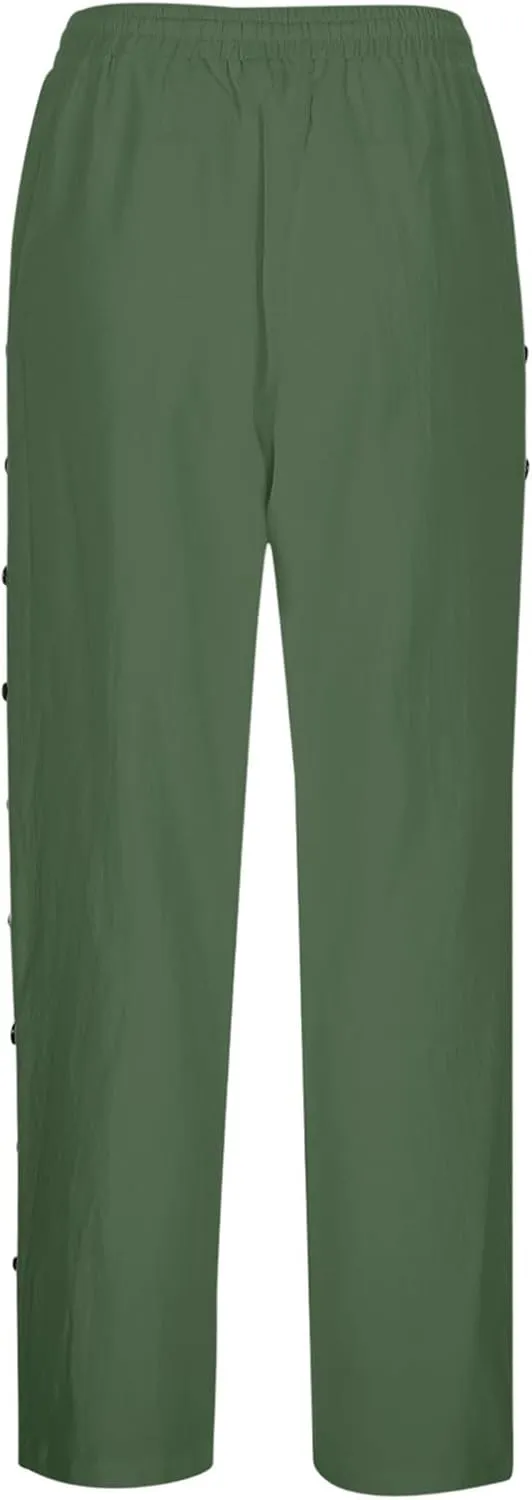 Linen Pants Women Summer Side Button Pants Hight Waist Drawstring Casual Loose Solid Pants with Pockets