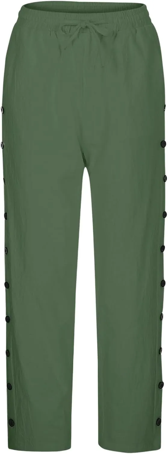 Linen Pants Women Summer Side Button Pants Hight Waist Drawstring Casual Loose Solid Pants with Pockets