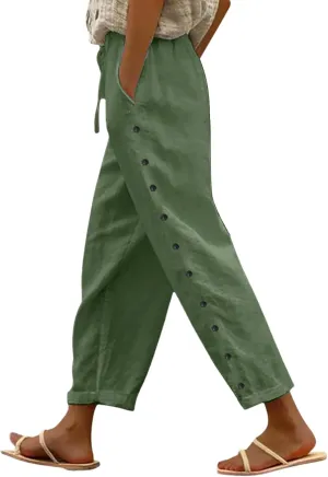 Linen Pants Women Summer Side Button Pants Hight Waist Drawstring Casual Loose Solid Pants with Pockets