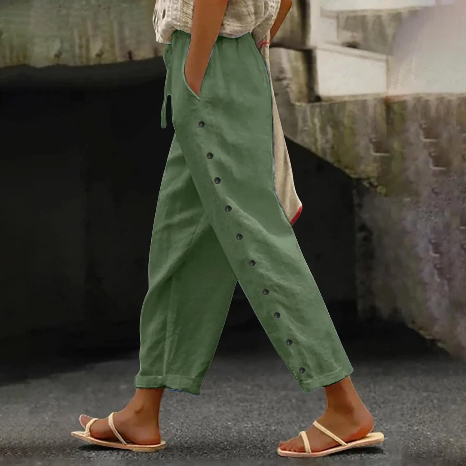 Linen Pants Women Summer Side Button Pants Hight Waist Drawstring Casual Loose Solid Pants with Pockets