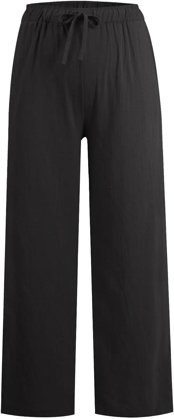 Linen Pants Women Summer,Wide Leg Casual Cotton Linen Pants High Waisted Drawstring Lounge Pants Beach Trousers