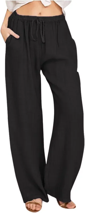 Linen Pants Women Summer,Wide Leg Casual Cotton Linen Pants High Waisted Drawstring Lounge Pants Beach Trousers