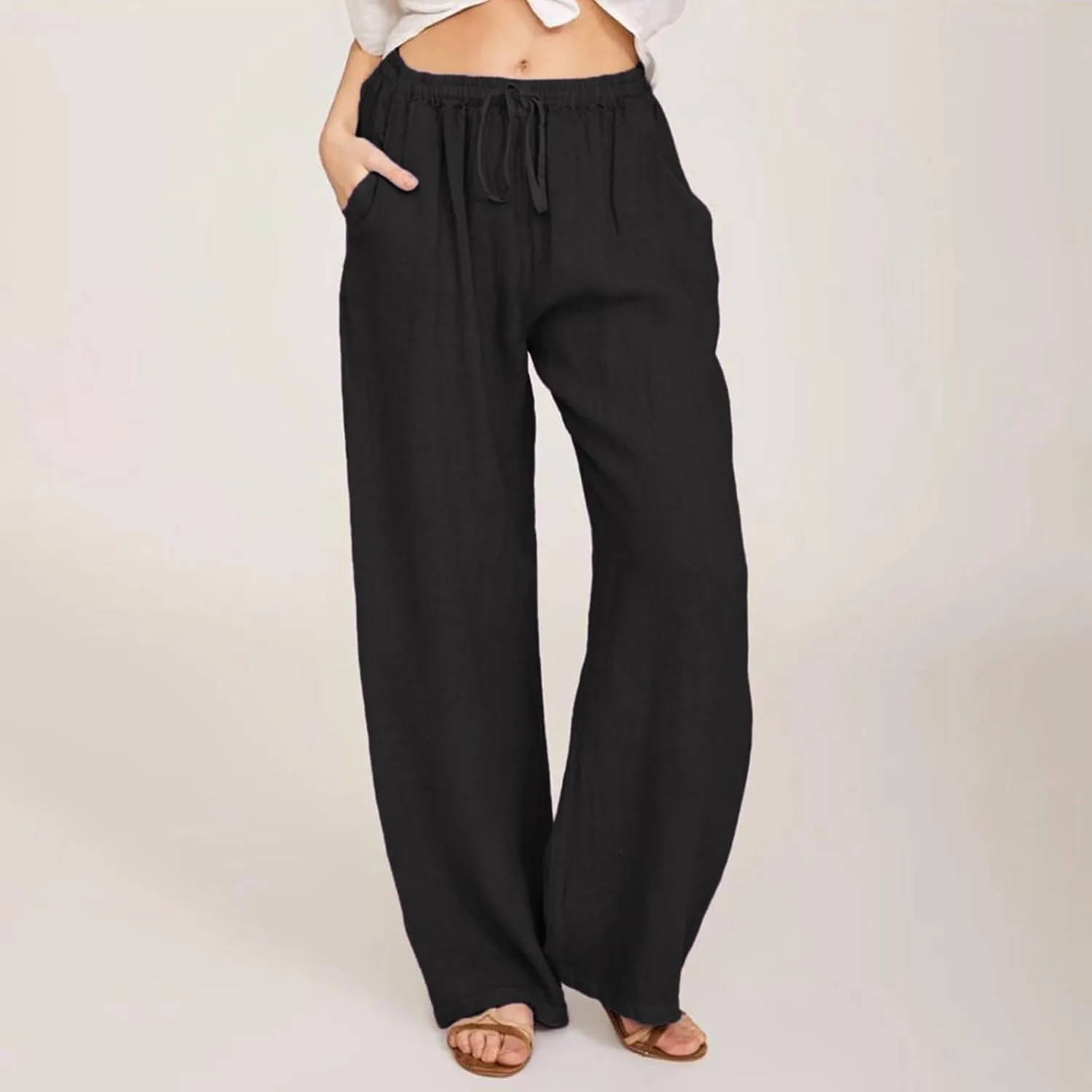 Linen Pants Women Summer,Wide Leg Casual Cotton Linen Pants High Waisted Drawstring Lounge Pants Beach Trousers