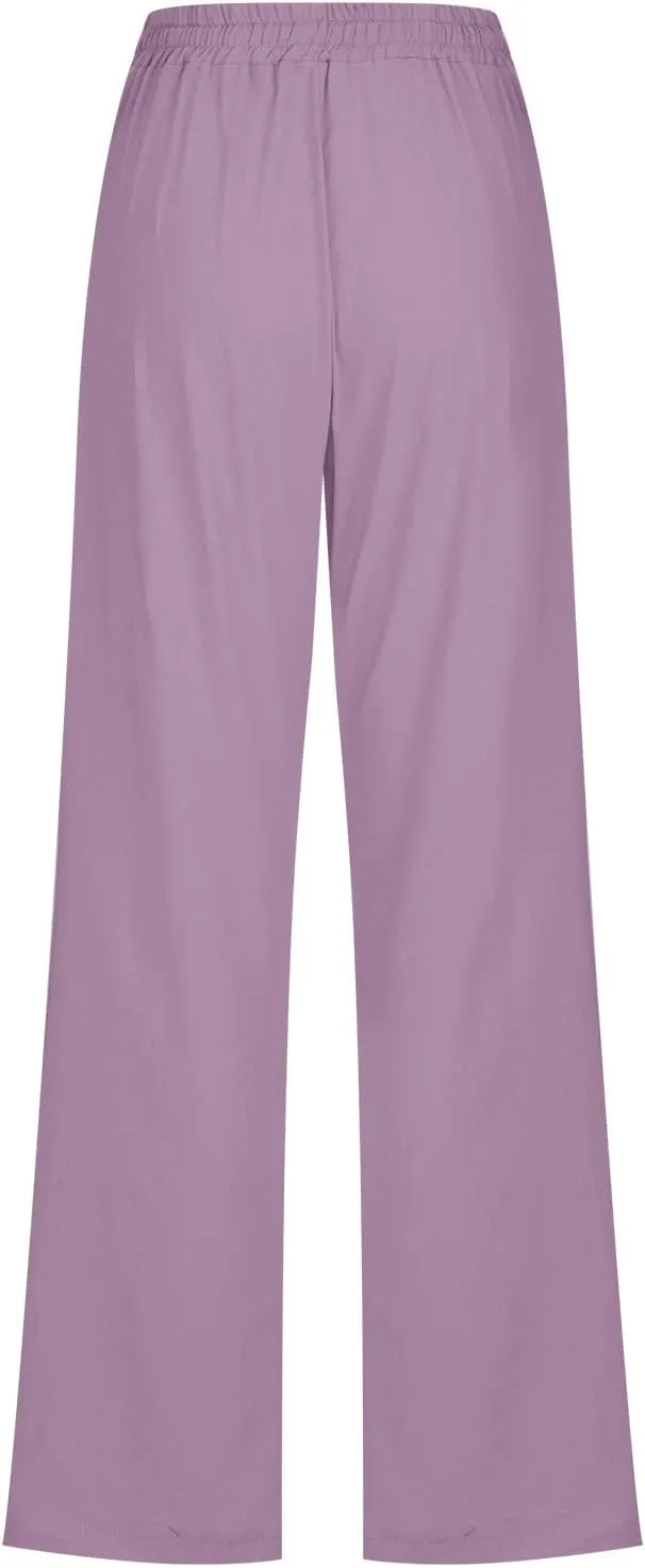 Linen Pants Women Wide Leg Summer Lounge Pants High Waisted Elastic Waist Trousers Fashion Trousers with Pockets 2025