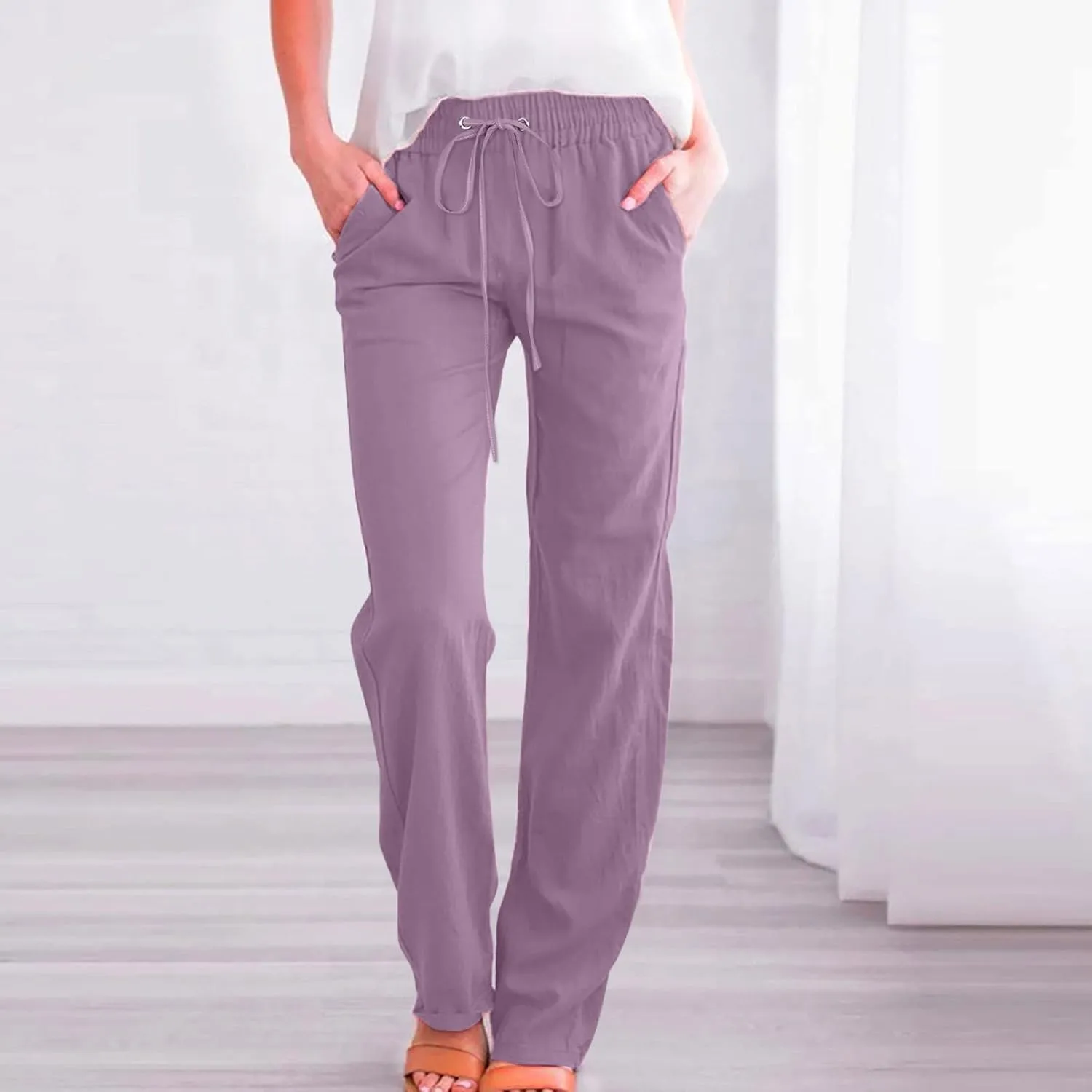 Linen Pants Women Wide Leg Summer Lounge Pants High Waisted Elastic Waist Trousers Fashion Trousers with Pockets 2025