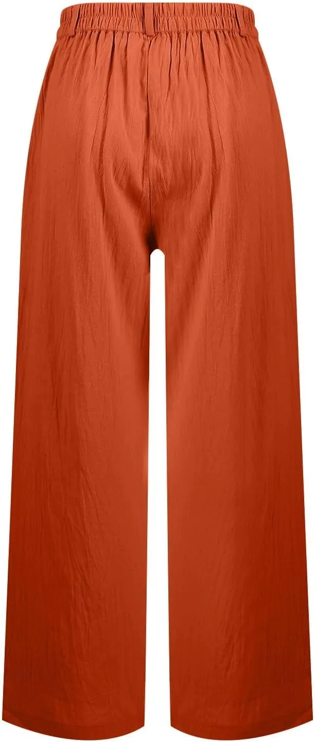 Linen Wide Leg Pants for Women Business Casual High Waisted Dress Pants Button Down Slacks Casual Summer Work Trousers